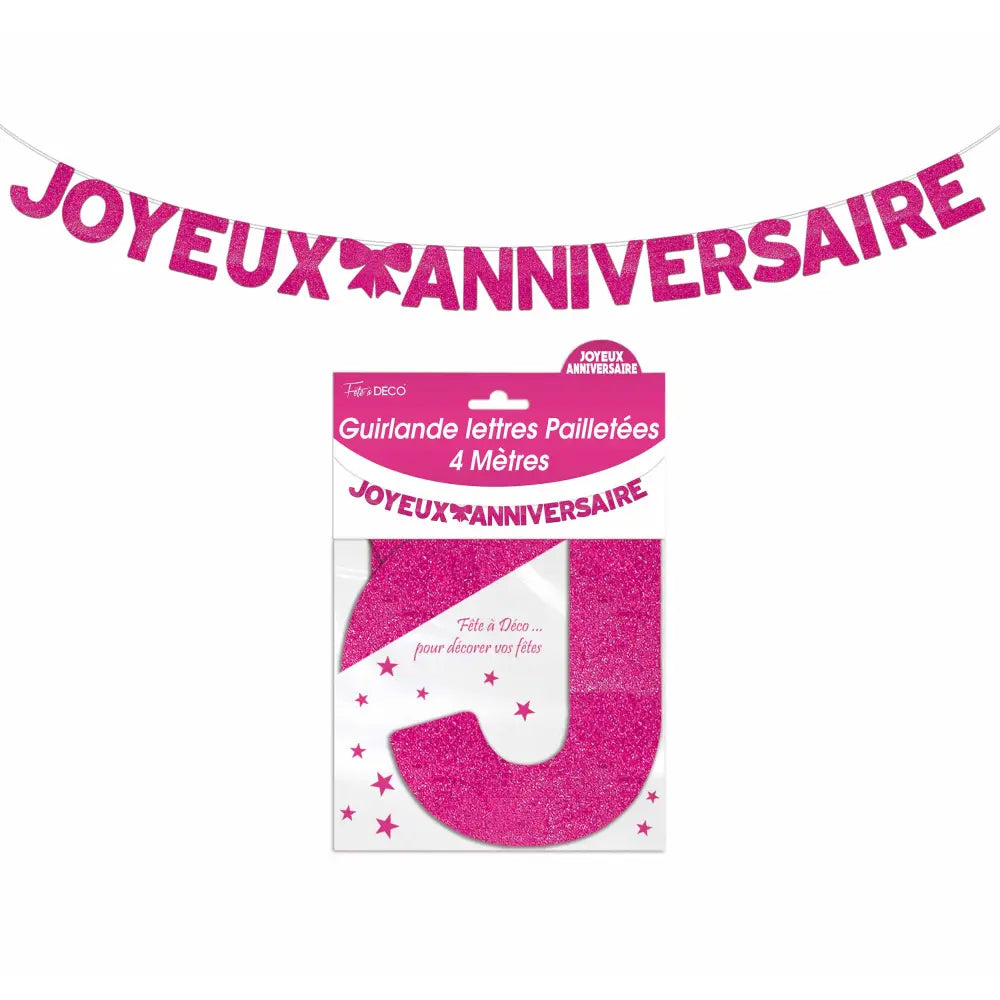 Guirlande Lettres Paillettes 4m ''Joyeux Anniversaire'' - Fuchsia