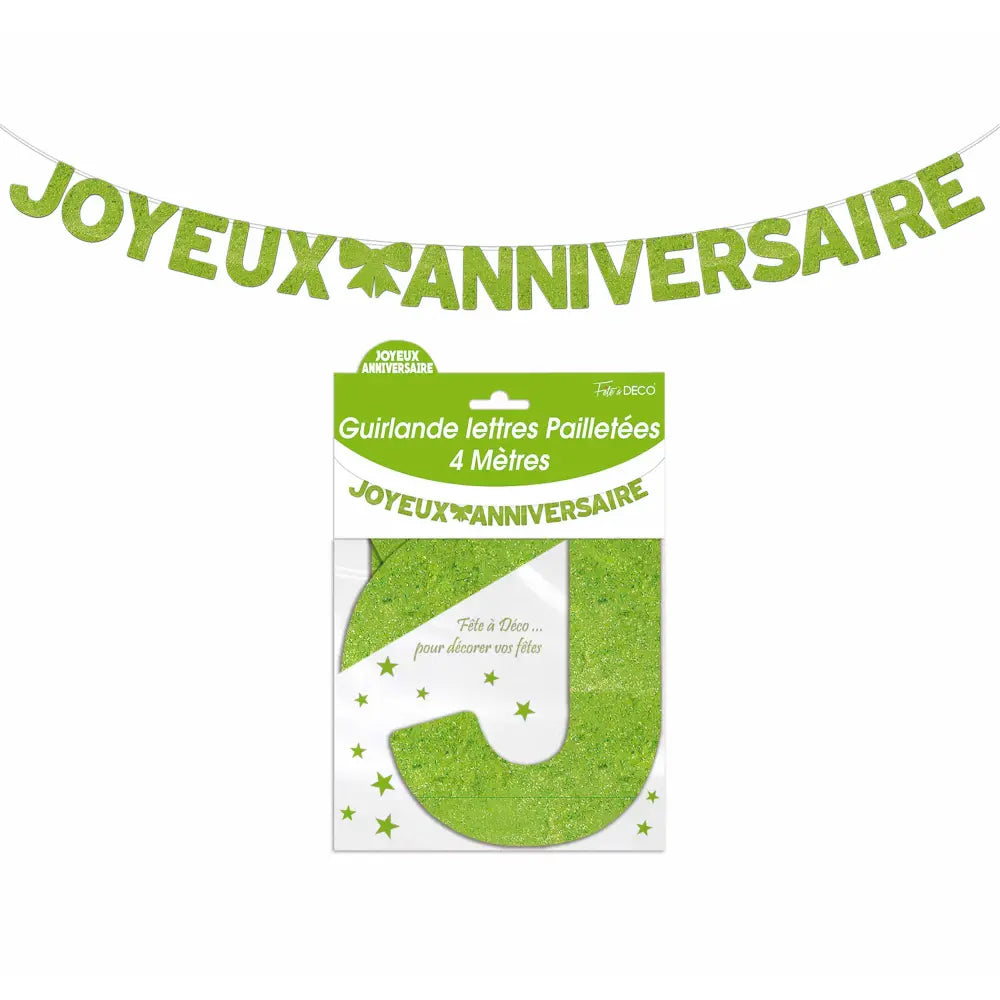 Guirlande Lettres Paillettes 4m ''Joyeux Anniversaire'' - Vert