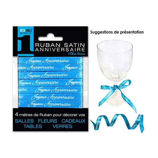 Ruban Satin ''Joyeux Anniversaire'' 4m - Bleu Océan