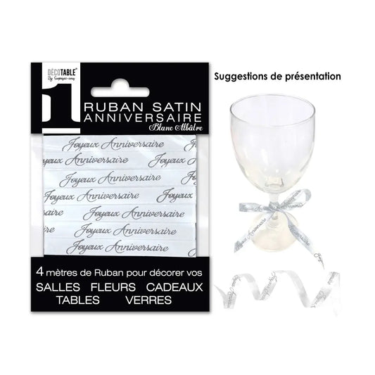Ruban Satin ''Joyeux Anniversaire'' 4m - Blanc