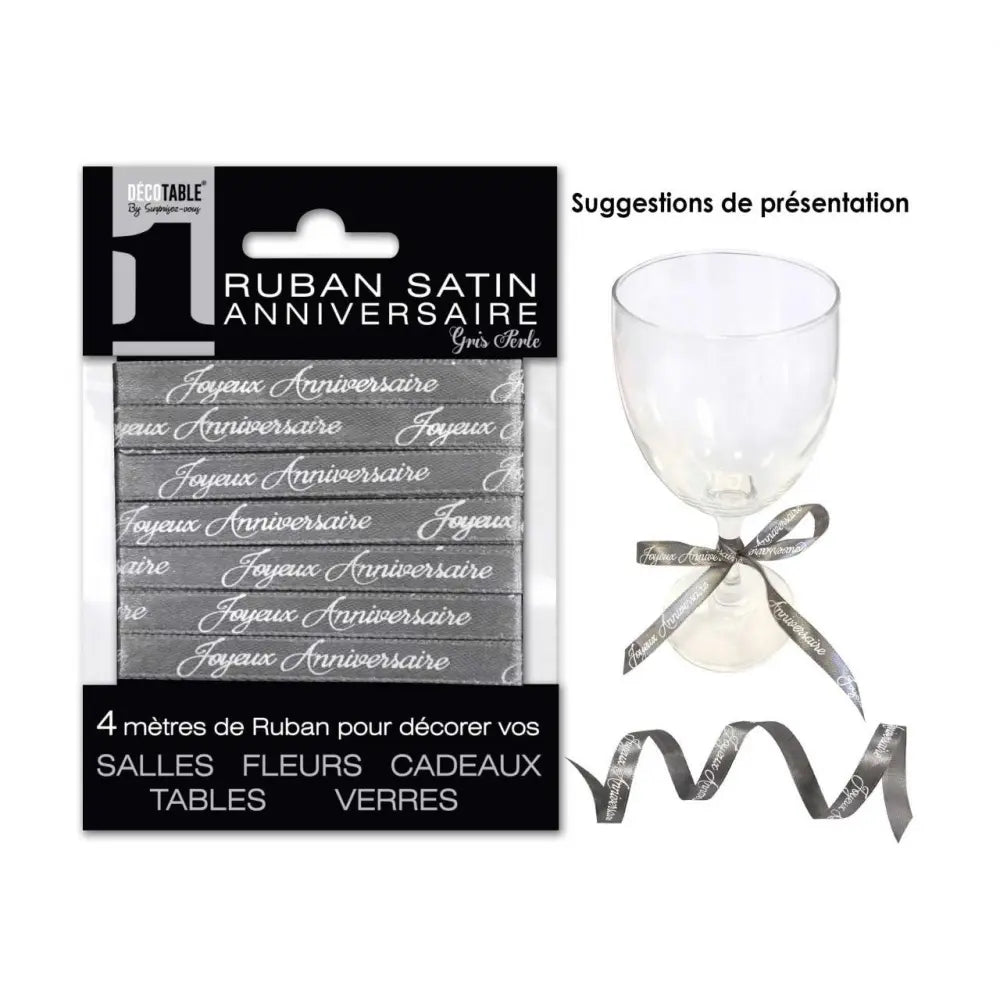 Ruban Satin ''Joyeux Anniversaire'' 4m - Gris