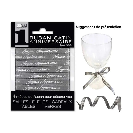 Ruban Satin ''Joyeux Anniversaire'' 4m - Gris