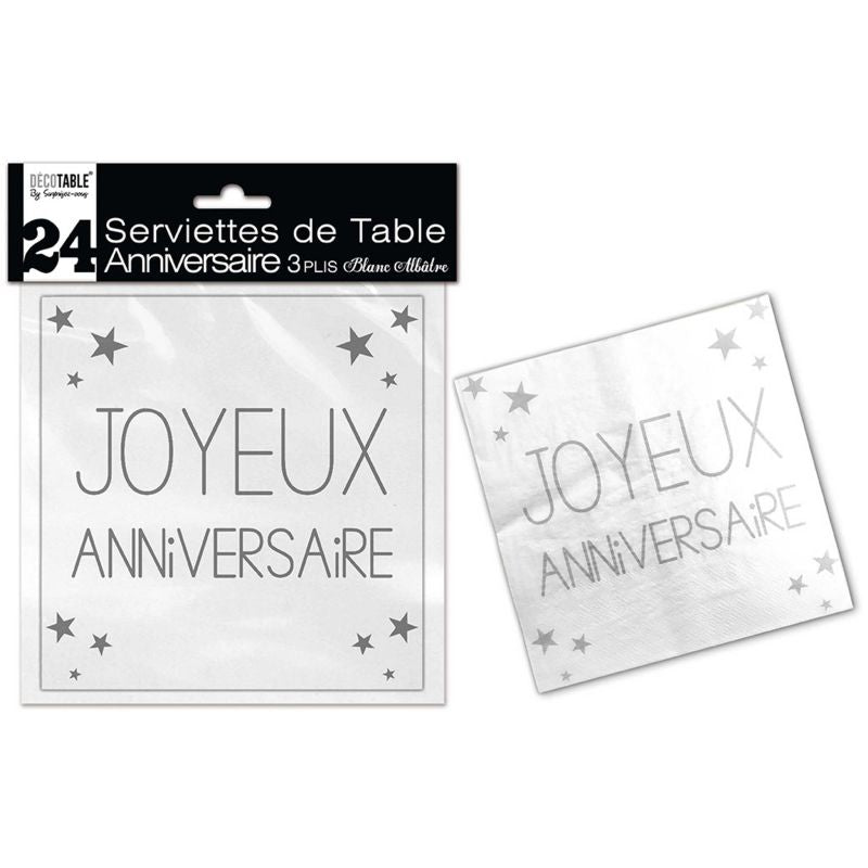 Lot de 24 Serviettes Joyeux Anniversaire 3 Plis Blanc Albâtre