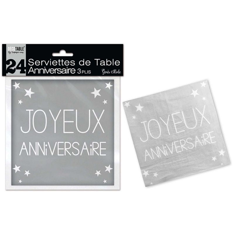 Lot de 24 Serviettes Joyeux Anniversaire 3 Plis Argent