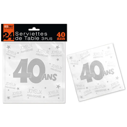 24 Serviettes en Papier 3 plis - 40 Ans