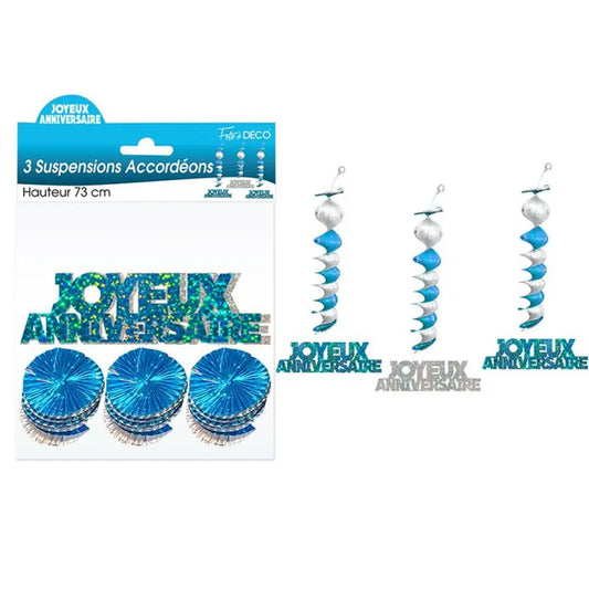 3 Suspensions Accordéons ''Joyeux Anniversaire'' - Bleu