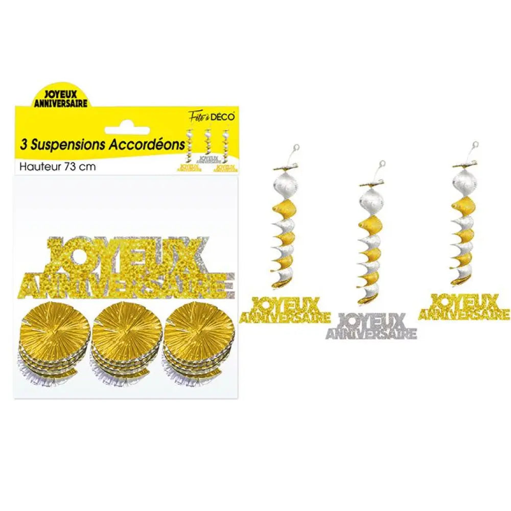 3 Suspensions Accordéons ''Joyeux Anniversaire'' - Or