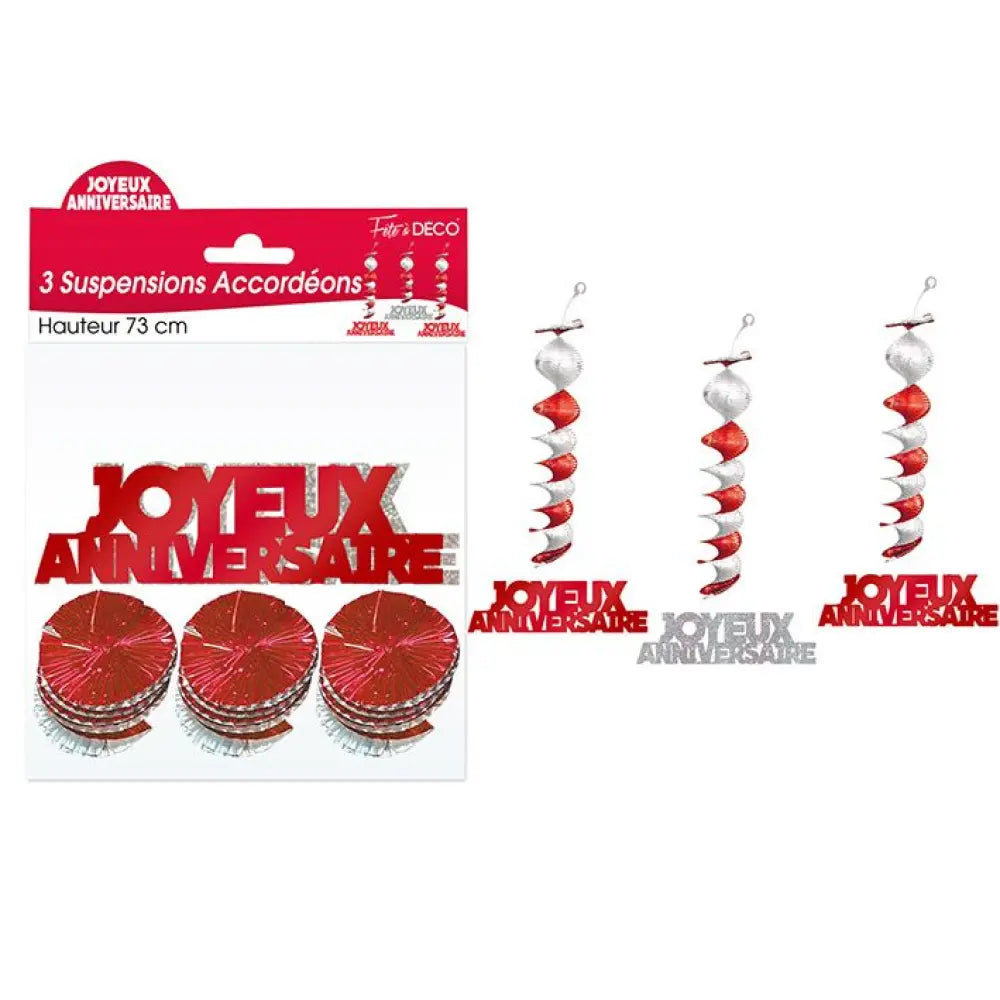 3 Suspensions Accordéons ''Joyeux Anniversaire'' - Rouge