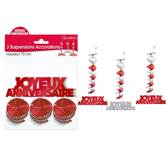 3 Suspensions Accordéons ''Joyeux Anniversaire'' - Rouge