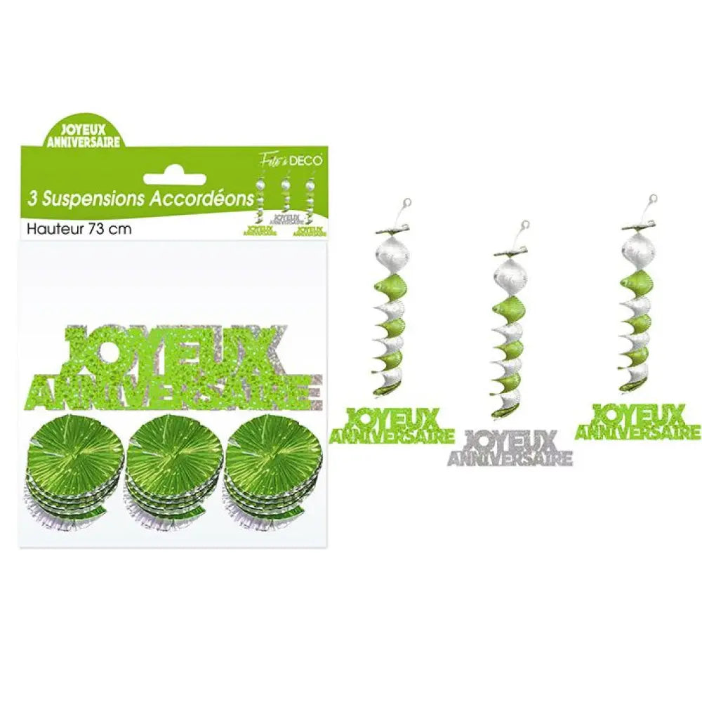 3 Suspensions Accordéons ''Joyeux Anniversaire'' - Vert