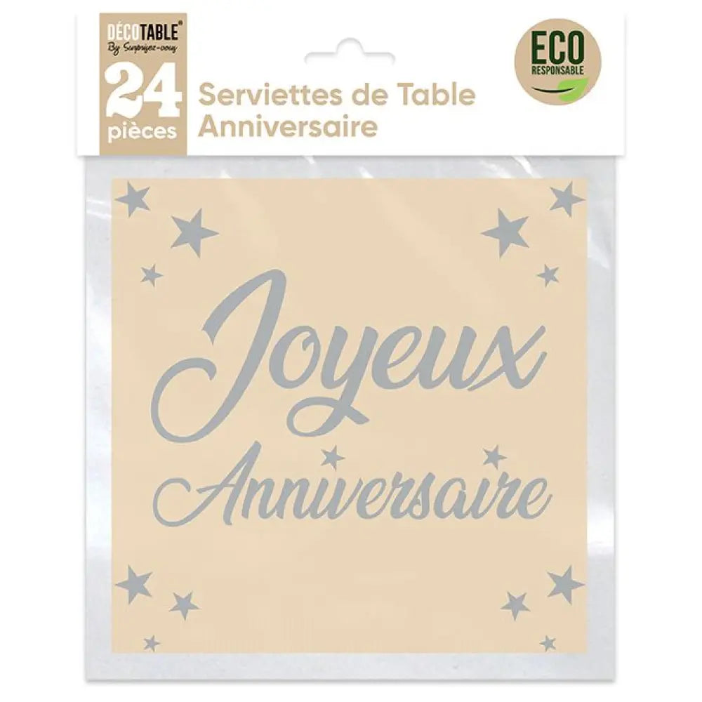 24 Serviettes en Papier 33x33cm ''Joyeux Anniversaire'' - Blanc