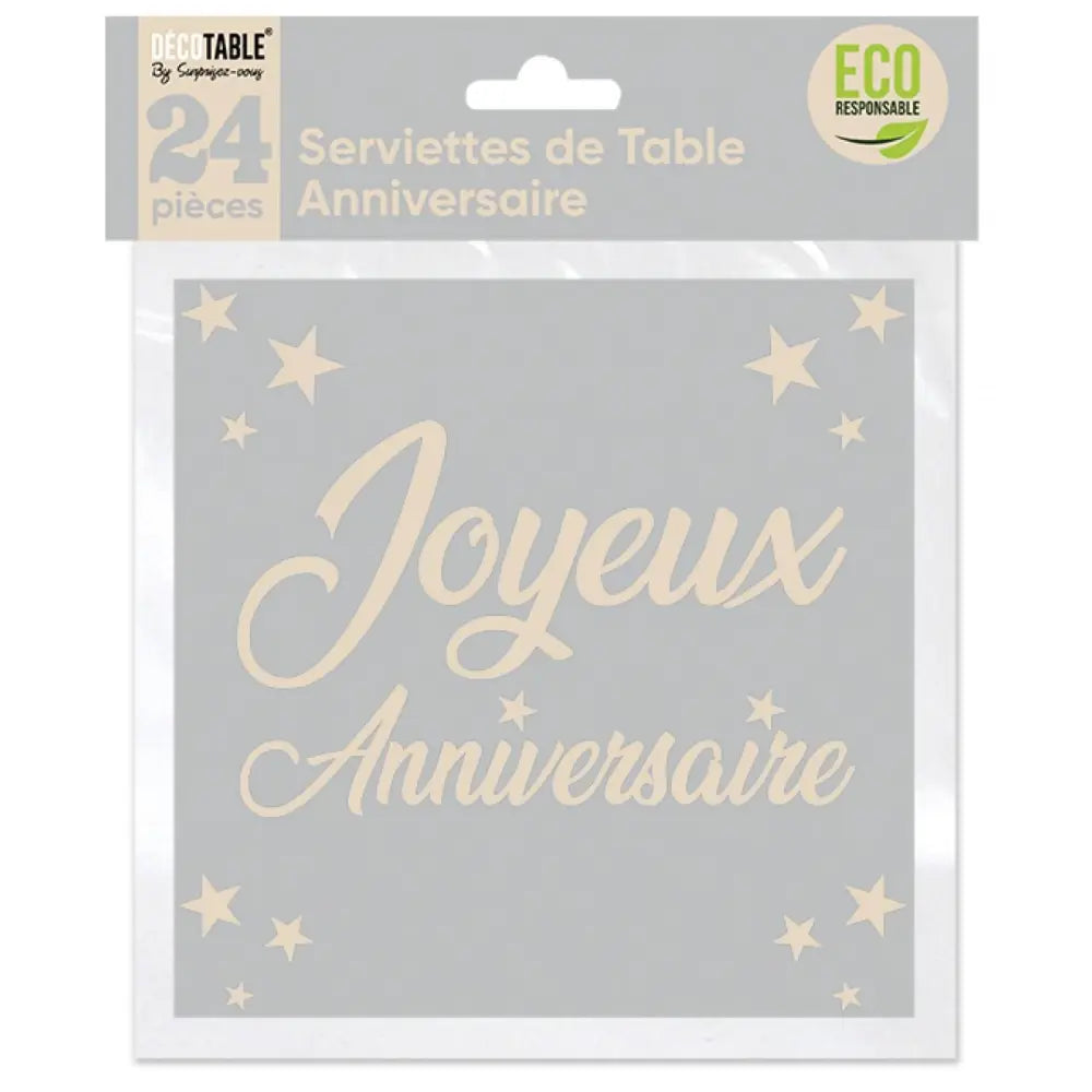 24 Serviettes en Papier 33x33cm ''Joyeux Anniversaire'' - Gris