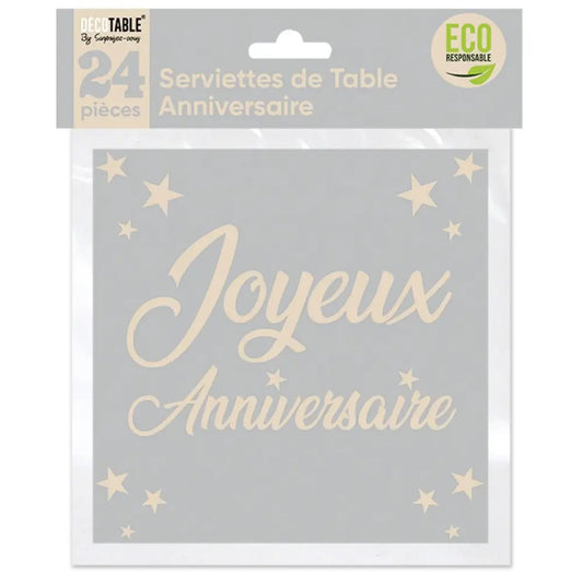 24 Serviettes en Papier 33x33cm ''Joyeux Anniversaire'' - Gris