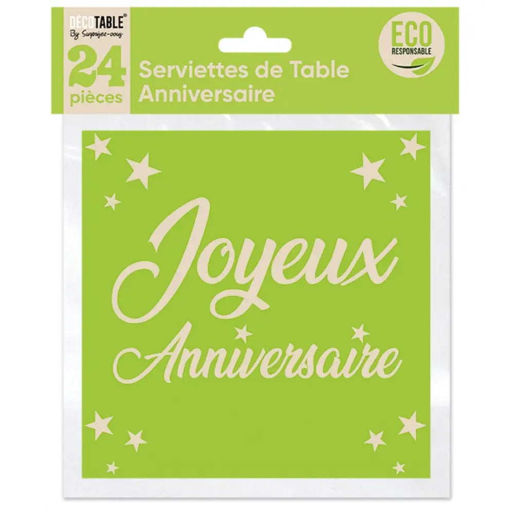 24 Serviettes en Papier 33x33cm ''Joyeux Anniversaire'' - Vert