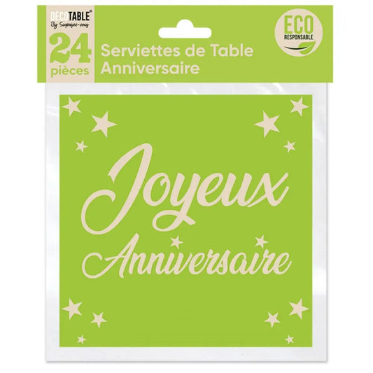 24 Serviettes en Papier 33x33cm ''Joyeux Anniversaire'' - Vert