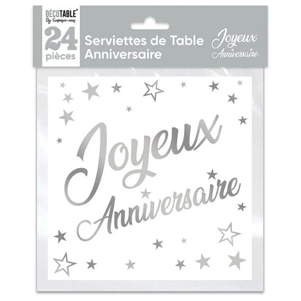 24 Serviettes en Papier 33x33cm ''Joyeux Anniversaire'' Métallisées - Argent