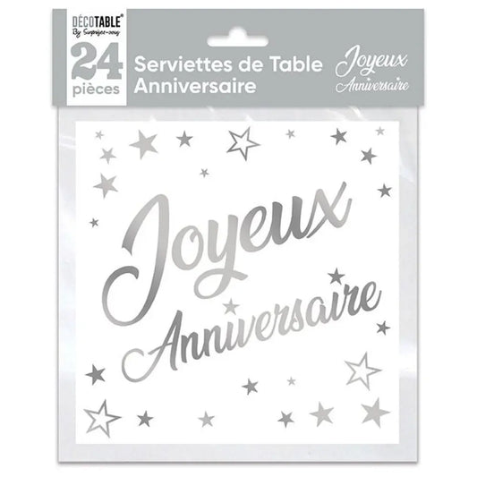 24 Serviettes en Papier 33x33cm ''Joyeux Anniversaire'' Métallisées - Argent