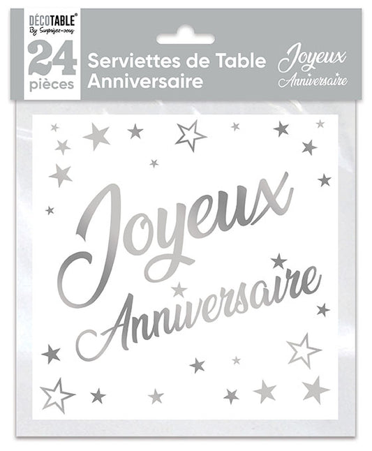 Serviettes de table x24 métallisée Argent : Joyeux anniversaire