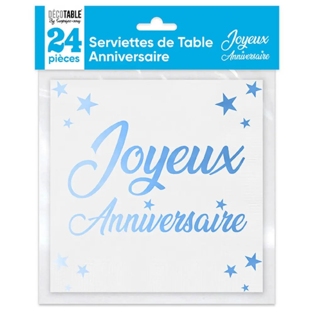 24 Serviettes en Papier 33x33cm ''Joyeux Anniversaire'' Métallisées - Bleu