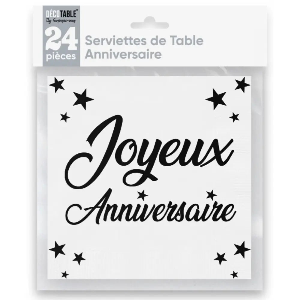 24 Serviettes en Papier 33x33cm ''Joyeux Anniversaire'' Métallisées - Blanc