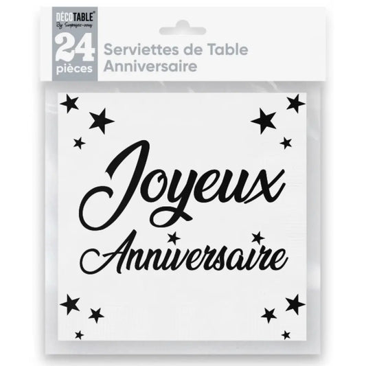 24 Serviettes en Papier 33x33cm ''Joyeux Anniversaire'' Métallisées - Blanc