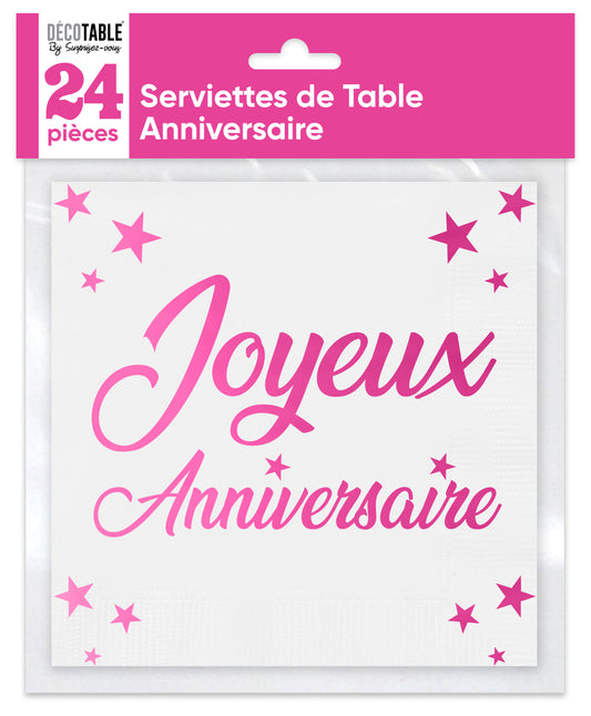 Serviettes de table Anniversaire x24 métallisée - Couleur : Fuchsia