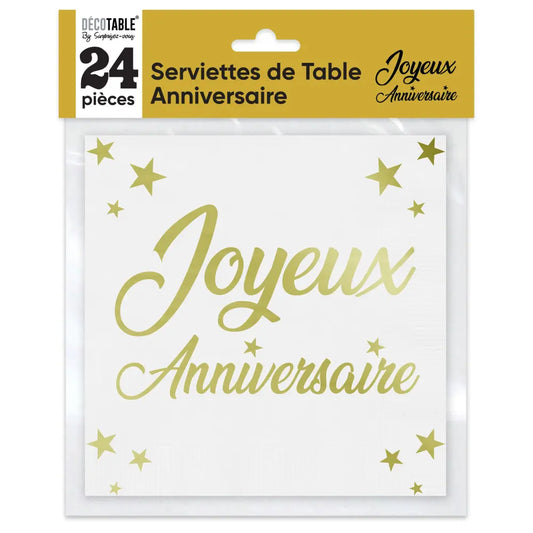 24 Serviettes en Papier 33x33cm ''Joyeux Anniversaire'' Métallisées - Or