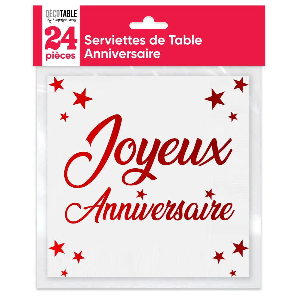 24 Serviettes en Papier 33x33cm ''Joyeux Anniversaire'' Métallisées - Rouge