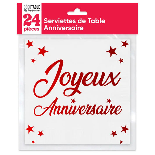 24 Serviettes en Papier 33x33cm ''Joyeux Anniversaire'' Métallisées - Rouge