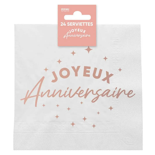 24 Serviettes en Papier 33x33cm ''Joyeux Anniversaire'' Métallisées - Rose Gold