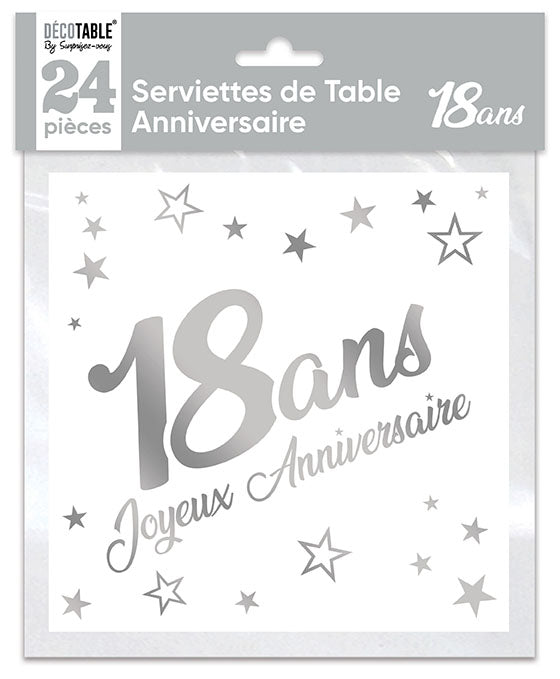 Serviettes de table x24 métallisée Argent - Tous les évènements de la vie : 18 ans