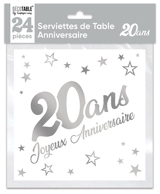 Serviettes de table x24 métallisée Argent - Tous les évènements de la vie : 20 ans