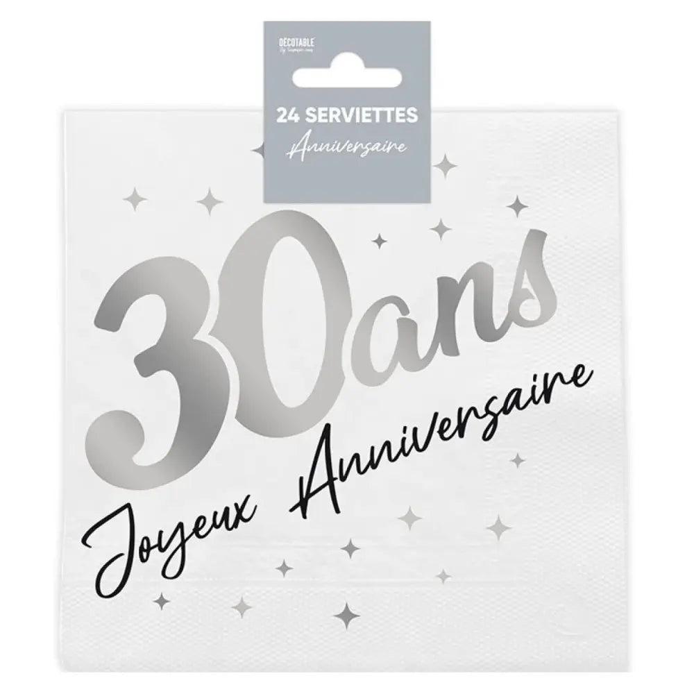 24 Serviettes en Papier 33x33cm ''30 Ans'' Métallisées - Argent