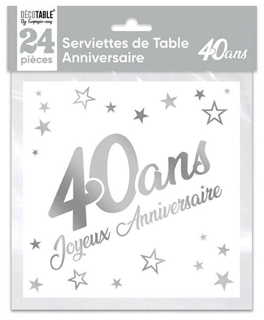 Serviettes de table x24 métallisée Argent - Tous les évènements de la vie : 40 ans