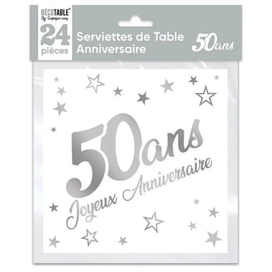 24 Serviettes en Papier 33x33cm ''50 Ans'' Métallisées - Argent