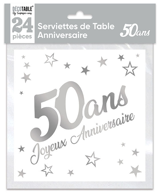 Serviettes de table x24 métallisée Argent - Tous les évènements de la vie : 50 ans