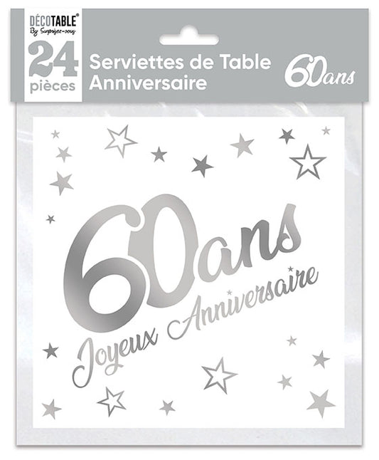 Serviettes de table x24 métallisée Argent - Tous les évènements de la vie : 60 ans