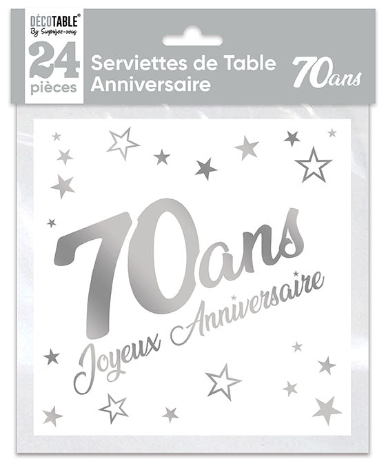 Serviettes de table x24 métallisée Argent - Tous les évènements de la vie : 70 ans