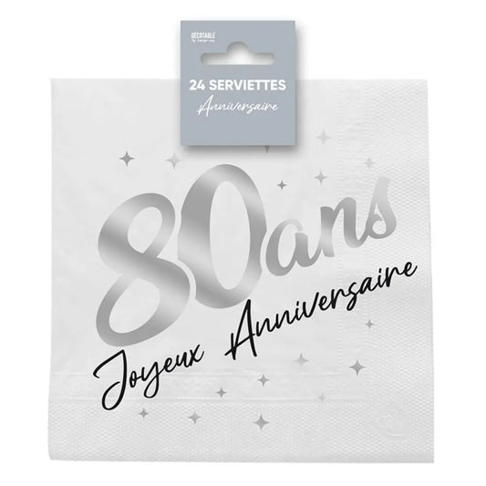 24 Serviettes en Papier 33x33cm ''80 Ans'' Métallisées - Argent