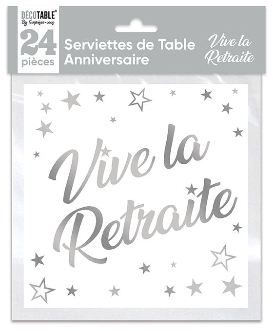 Serviettes de table x24 métallisée Argent - Tous les évènements de la vie : Vive la retraite