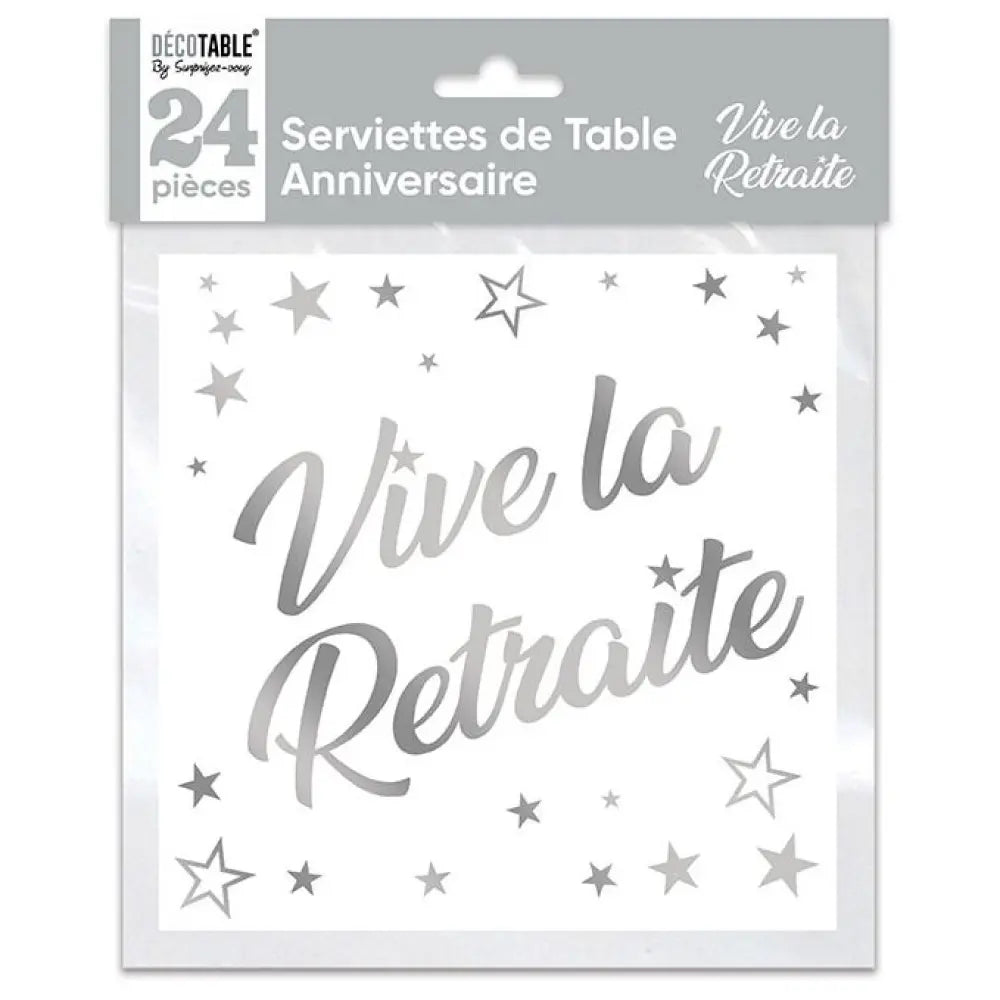 24 Serviettes en Papier 33x33cm ''Vive la Retraite'' Métallisées - Argent