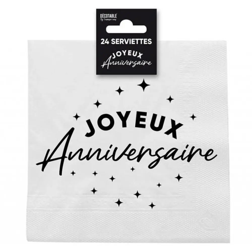 24 Serviettes en Papier ''Joyeux Anniversaire'' - Noir/Blanc