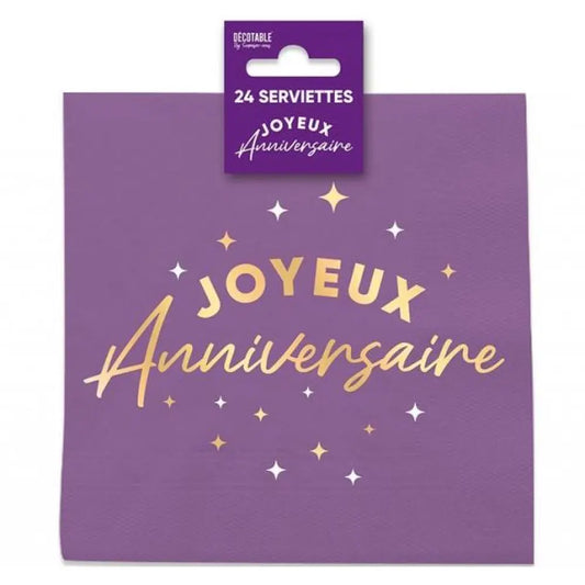 24 Serviettes en Papier ''Joyeux Anniversaire'' - Violet