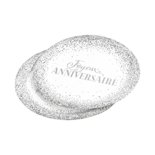 6 Assiettes en Carton D23cm - Anniversaire Argent