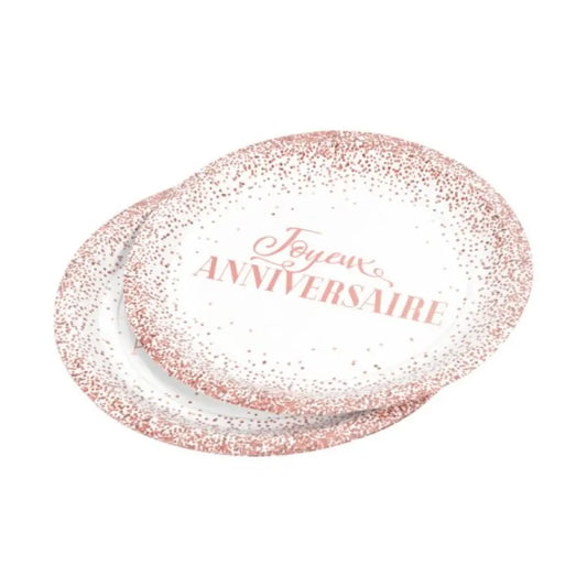 6 Assiettes en Carton D23cm - Anniversaire Rose Gold