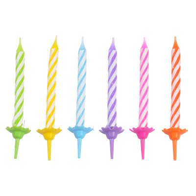 SET DE 24 BOUGIES ANNIVERSAIRE AVEC SUPPORTS PLASTIQUE H5,5CM MULTICOLORE