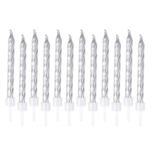 12 Bougies avec supports - Argent Métallisé - H6cm