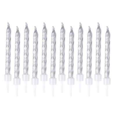 SET DE 12 BOUGIES METALLIQUE AVEC SUPPORT PLASTIQUE H6CM ARGENT