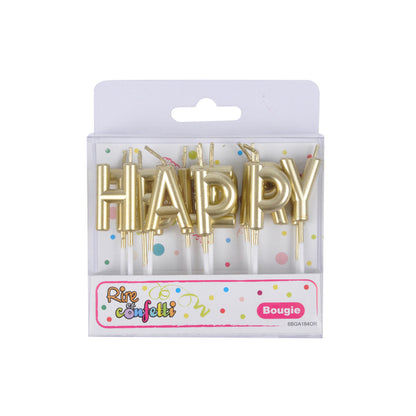 SET DE 13 BOUGIES LETTRES HAPPY BIRTHDAY+ PIC PLASTIQUE H8CM OR