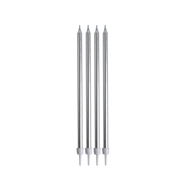 SET DE 16 BOUGIES ANNIVERSAIRE LONGUES + SUPPORTS PLASTIQUE H14,5CM ARGENT